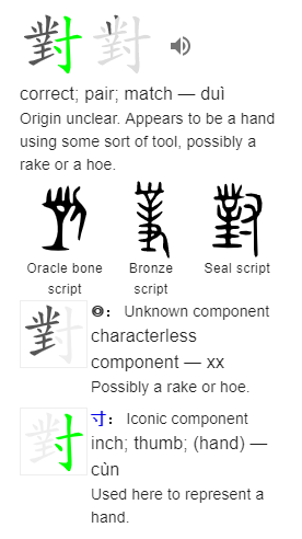 對 correct; pair; match — duì Origin unclear. Appears to be a hand using some sort of tool, possibly a rake or a hoe.