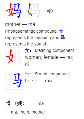 妈 （媽）mother — mā Phonosemantic compound. 女 represents the meaning and 马 represents the sound.