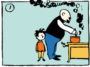 Bald man cooking with boy standing beside him